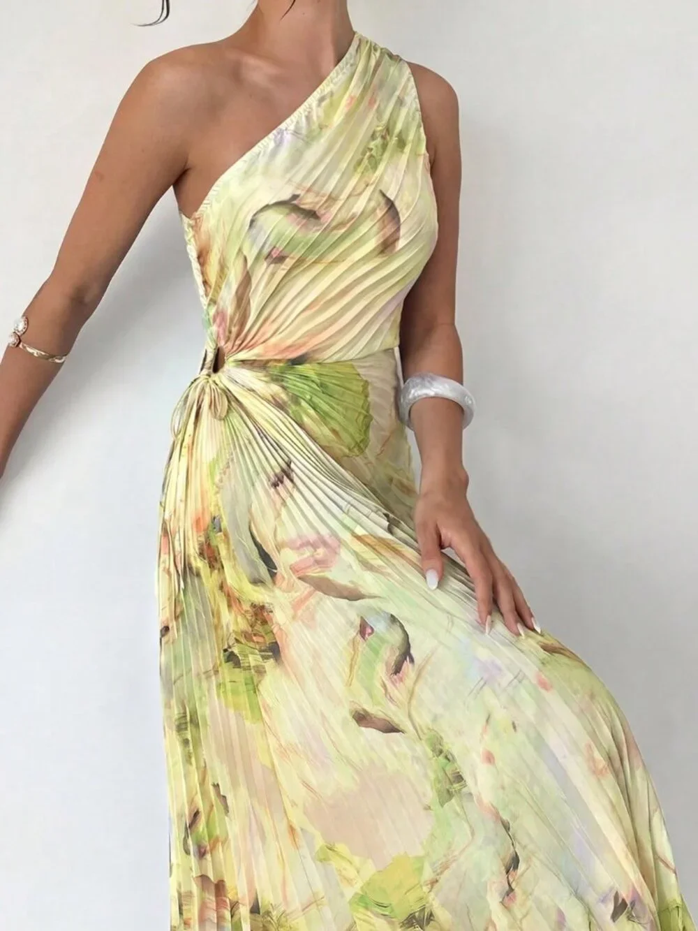 Multicolor Casual Women's Asymmetric One Shoulder Print Ruffle Dress - Picture 6 of 6